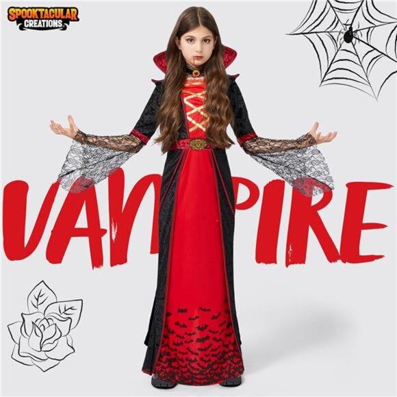 Red Royal Vampire Costume for Girls Deluxe Set Halloween Gothic Victorian Dress - Picture 2 of 7